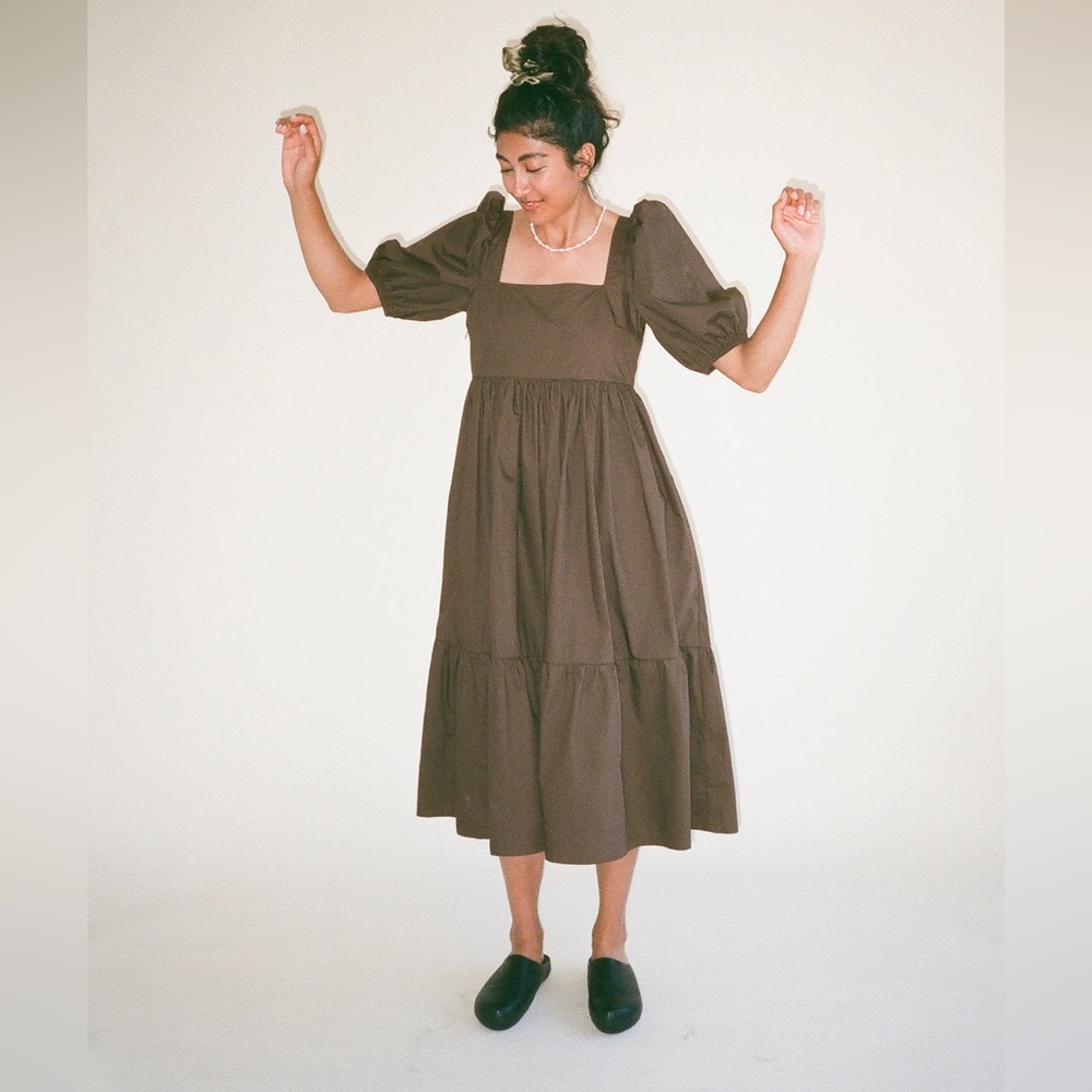 A Bronze Age Serenity Puff Dress in chocolate brown